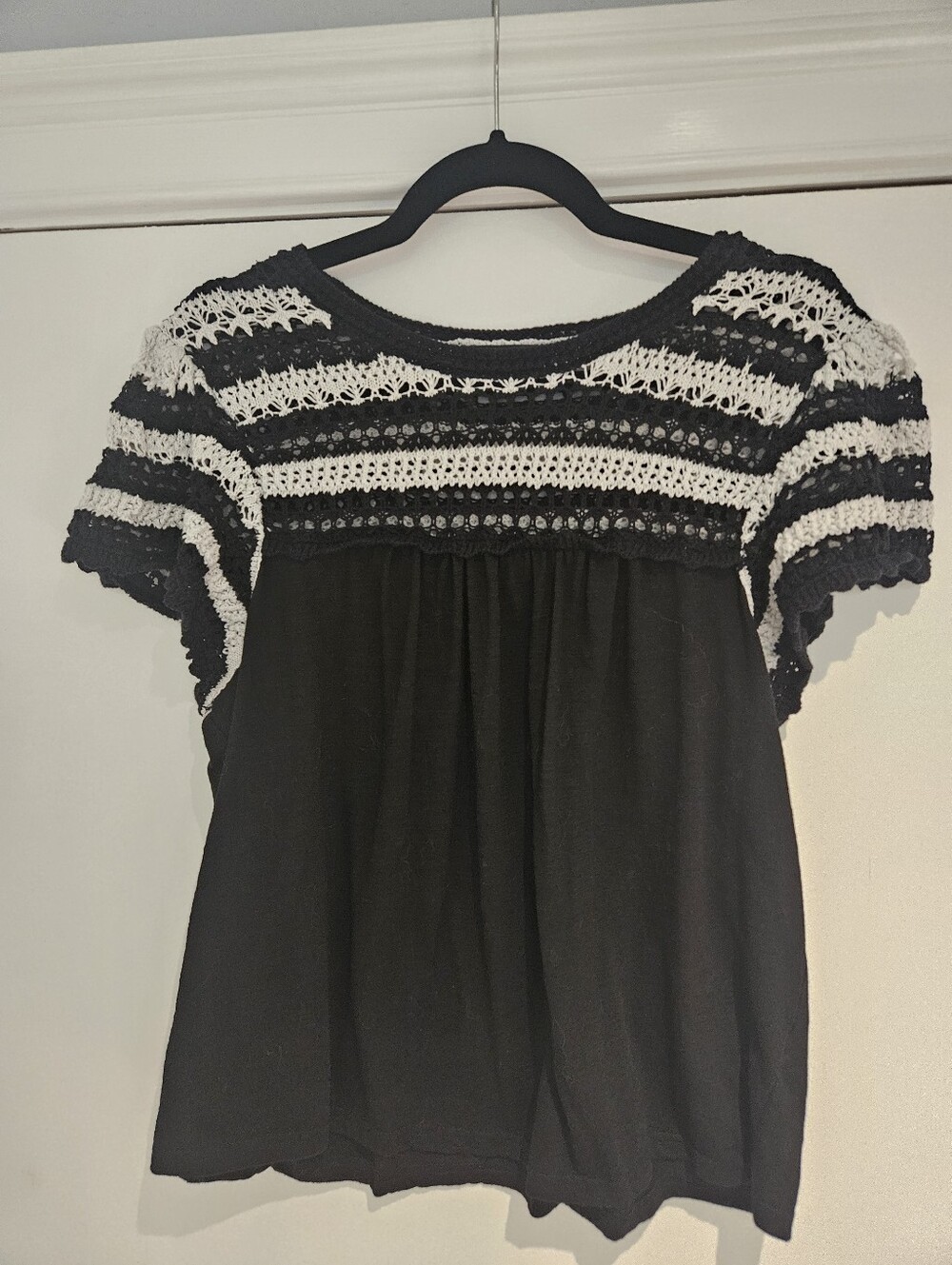 Greige Mixed Crochet Yoke Short Sleeve Babydoll Blouse Top Black White XL